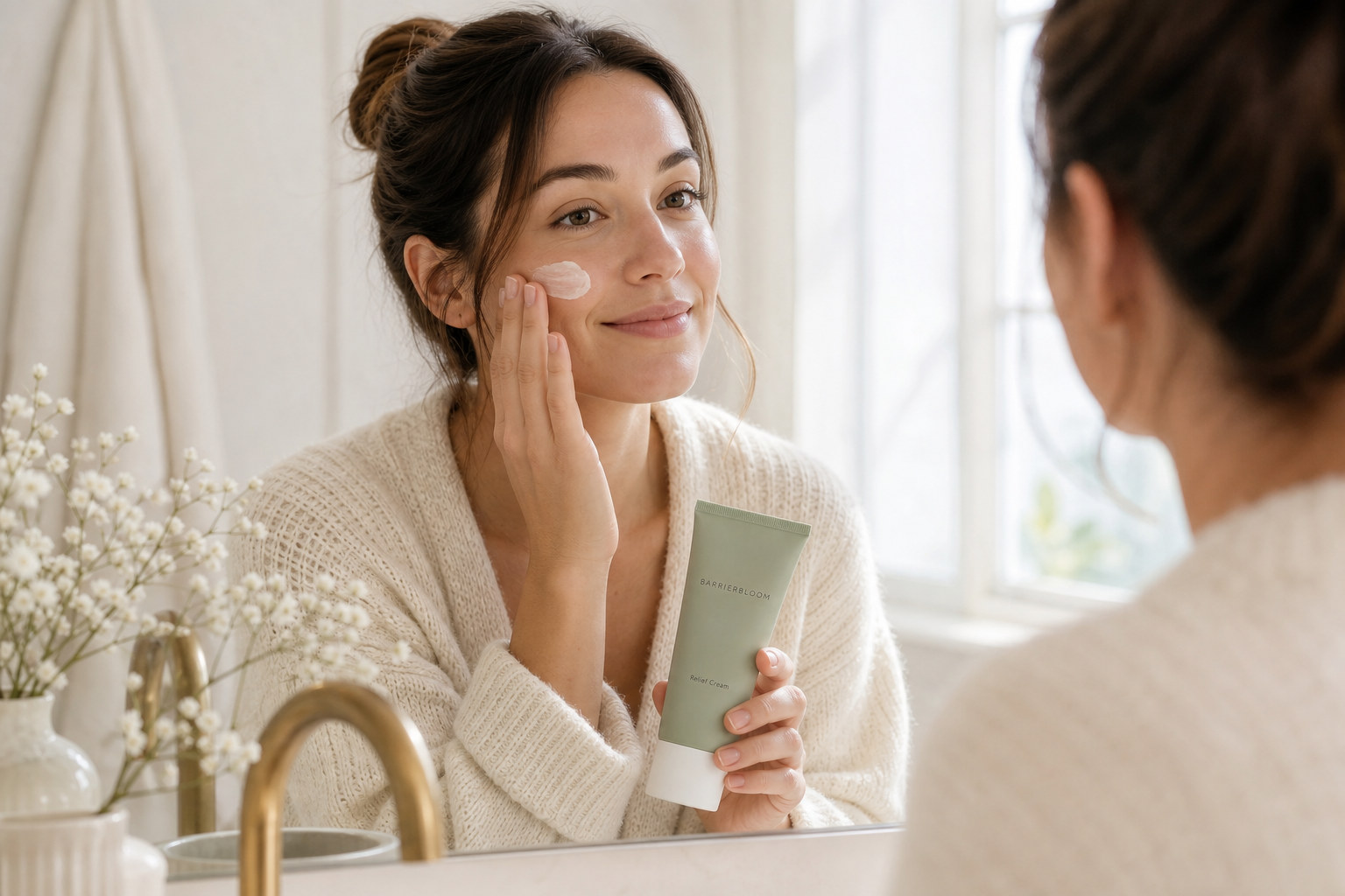Person applying BarrierBloom Relief Cream at a bathroom mirror