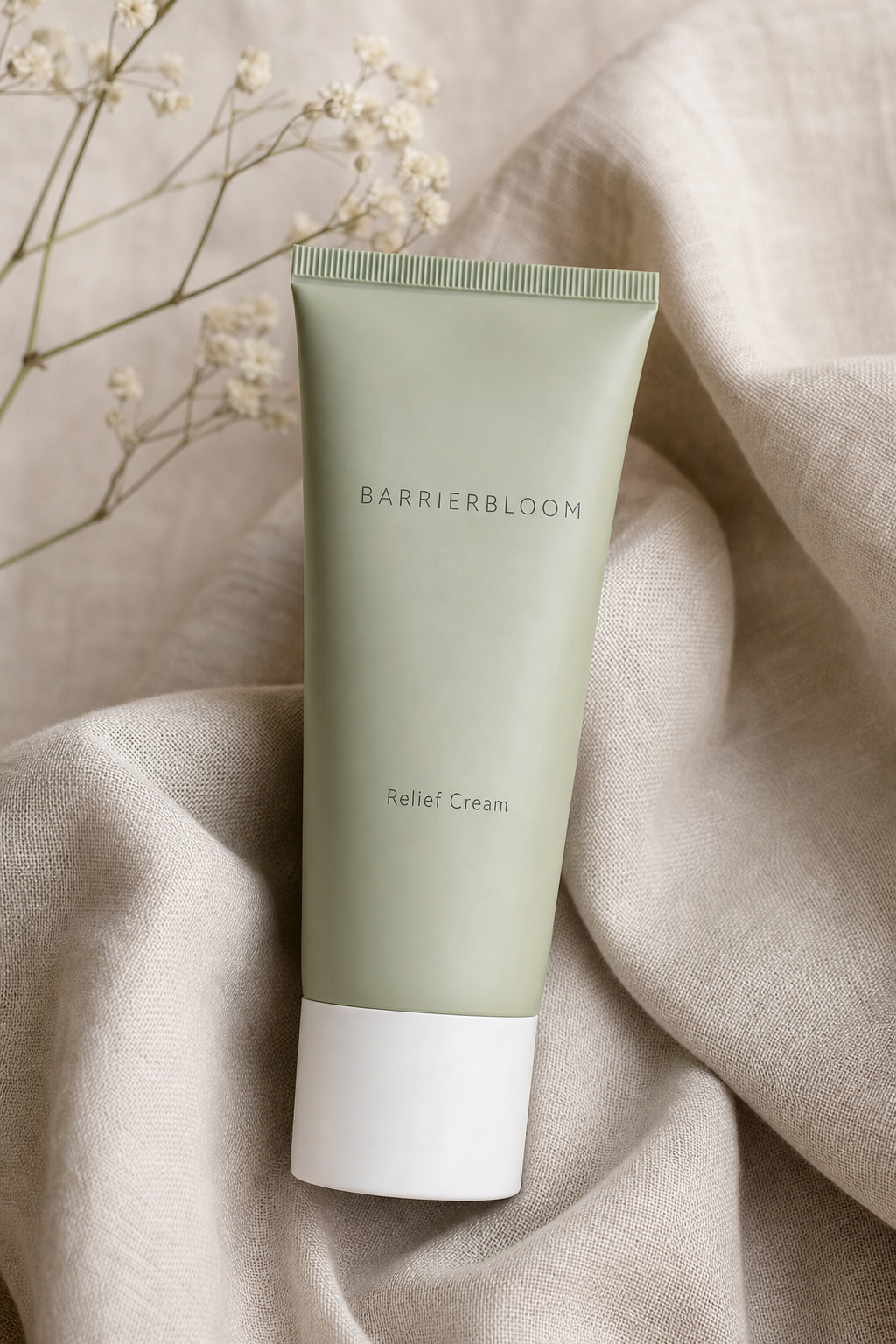 BarrierBloom Relief Cream tube on linen background